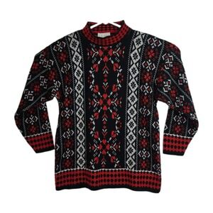 Vintage Jessica Roberts Fair Isle Sweater Womens XL Nordic Black Red Mock Neck